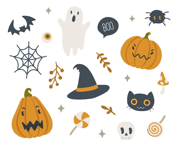 Cute halloween doodle decoration set.