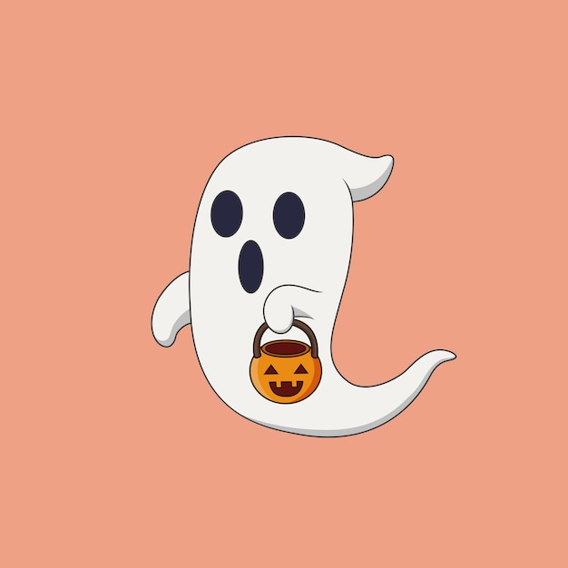 Cute halloween ghost carrying pumpkin bucket cartoon vector