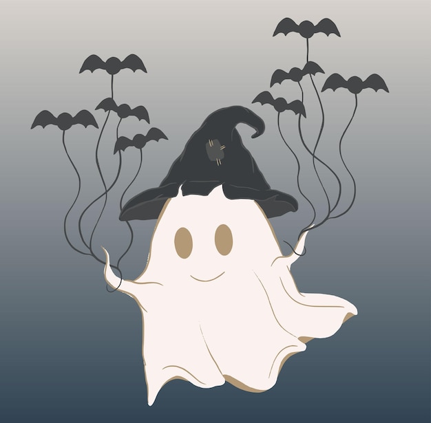 Cute Halloween ghost flying on bat balloons.