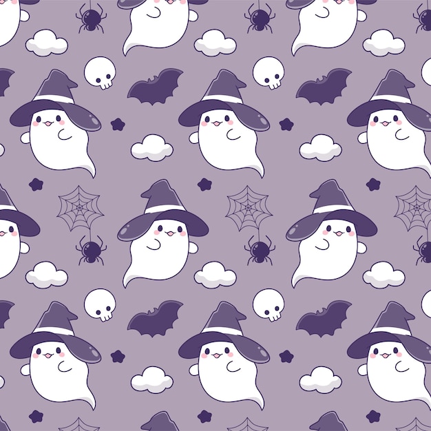 Cute halloween ghost spider witch bat seamless pattern