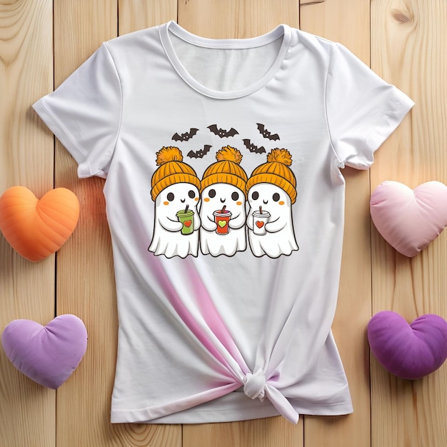 A Cute Halloween Ghost With Coffee Bat Women T Shirt Design Happy Halloween Ghost T Shirt Vector Art