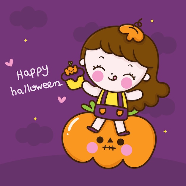 Cute halloween girl cartoon with kawaii pumpkin cupcake hand drawn