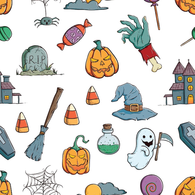 cute halloween icons or elements in seamless pattern with coloring hand drawn or doodle ar