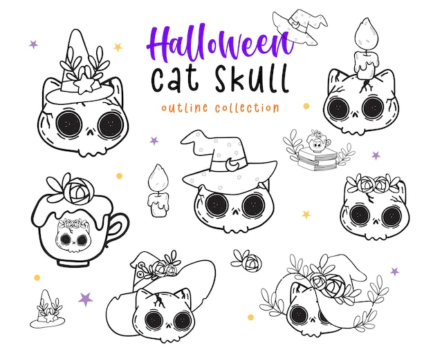 Cute Halloween kitten skull face with witch hat kawaii cat skull head Halloween elements set cartoon outline doodle set vector for colouring book