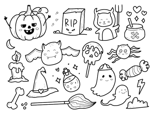 Cute halloween monster doodle set collection