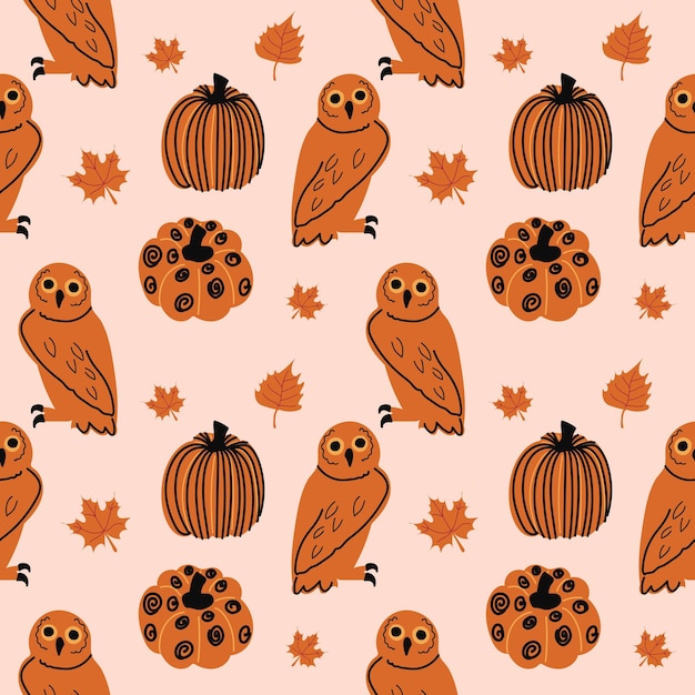 Cute Halloween owls and pumpkin seamless pattern Funny holiday kids design for clothes nursery decor paper cover fabrics and Halloween party decoration