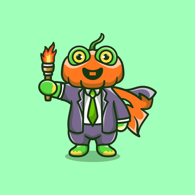 Cute halloween pumpkin head frog illustration carrying a torch