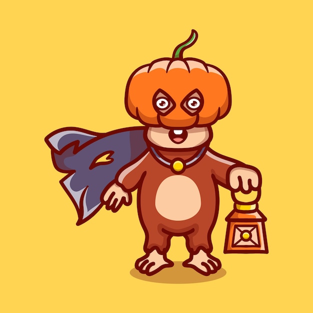 Cute halloween pumpkin head monkey illustration carrying a lantern