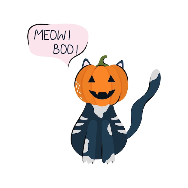 Cute Halloween pumpkincat says Boo character design Vector in flat and Doodle style for Halloween