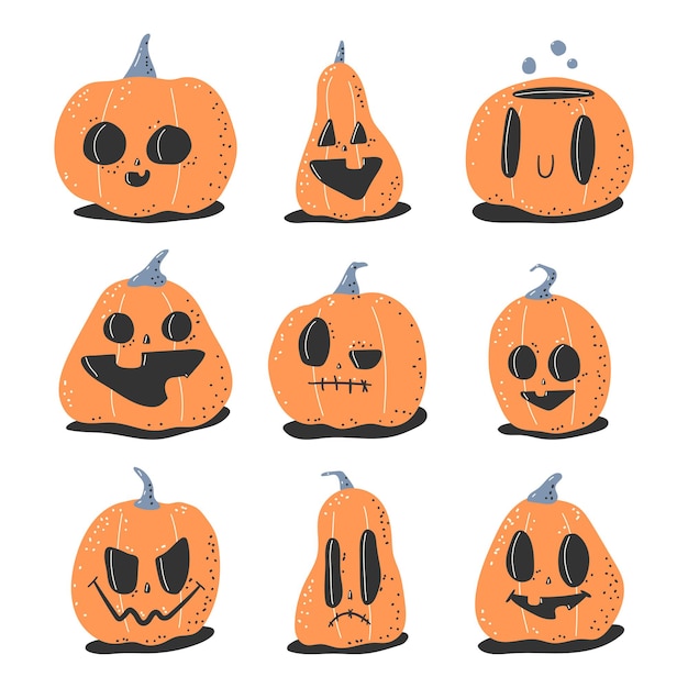 Cute Halloween pumpkins faces vector cartoon set isolated on a white background.