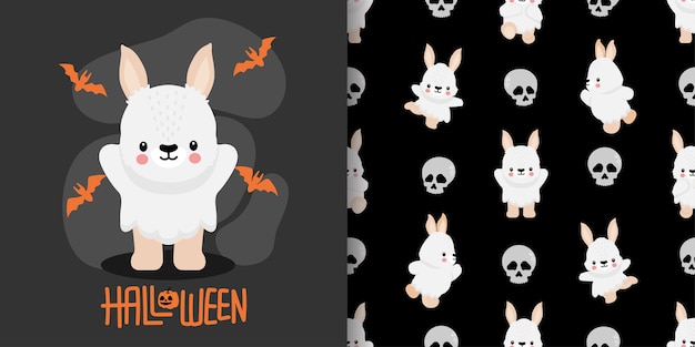 CUTE HALLOWEEN RABBIT BUNNY CARTOON DOODLE SEAMLESS PATTERN ILLUSTRATION