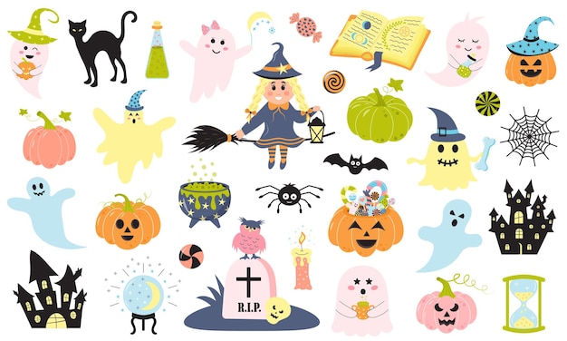 Cute Halloween set with cartoon characters ghosts pumpkins and other holiday symbols