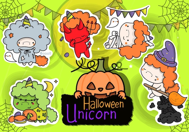 Cute Halloween Sticker Pack. Collection of Cute Halloween Unicorn Clipart Illustration.