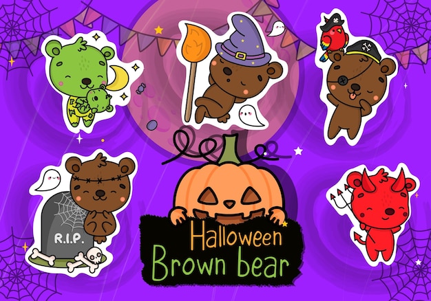 Cute Halloween Sticker Pack. Collection of Kawaii Halloween Brown Bear Illustration.