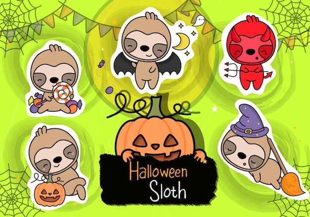 Cute Halloween Sticker Pack. Set of Clipart Halloween Sloth Illustrations. Cute Clip Art Halloween.