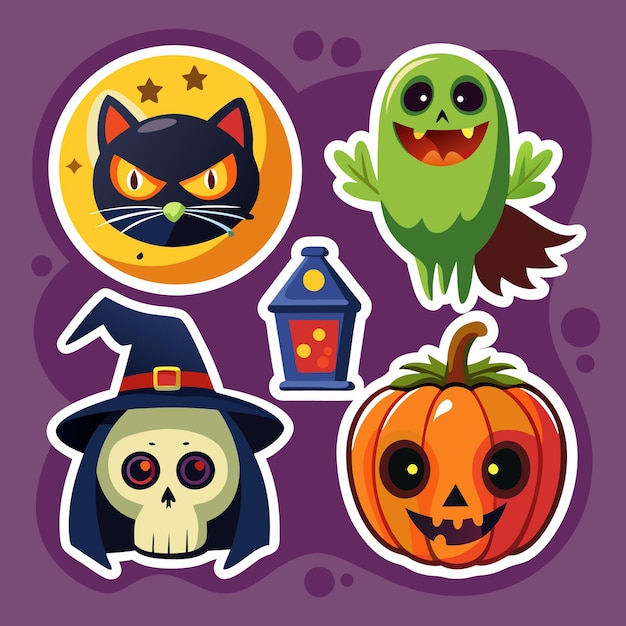 Vector cute halloween sticker pack with black cat ghost pumpkin and skull