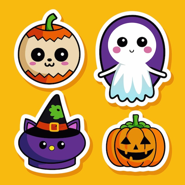 Vector cute halloween stickers of a pumpkin ghost cat and jackolantern