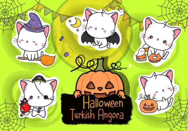 Cute Halloween Stickers. Set of Cute Clipart Halloween Cat Illustration.