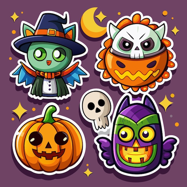 Vector cute halloween stickers set with pumpkin bat skull and owl