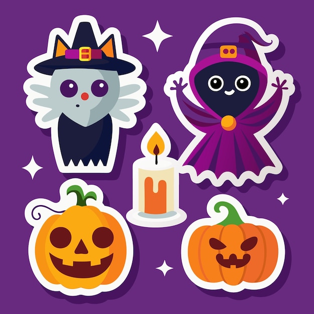 Vector cute halloween stickers with black cat ghost pumpkins and a candle