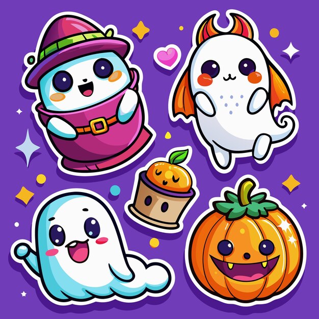 Vector cute halloween stickers with ghost pumpkin dragon