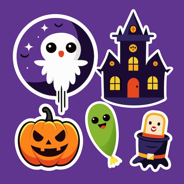 Vector cute halloween stickers with ghost pumpkin haunted house and witch hat