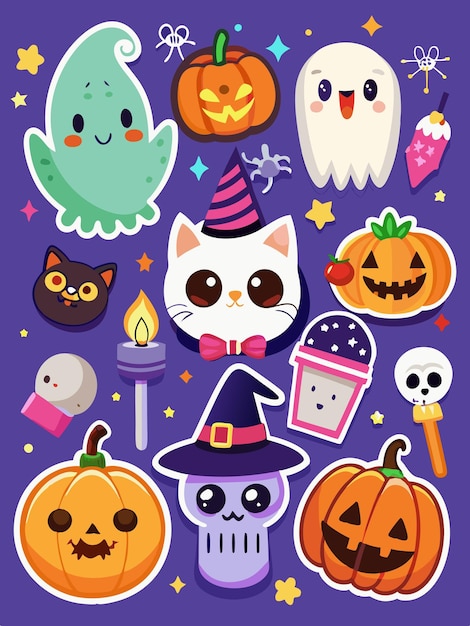 Cute Halloween stickers with ghosts pumpkins a cat and a skull