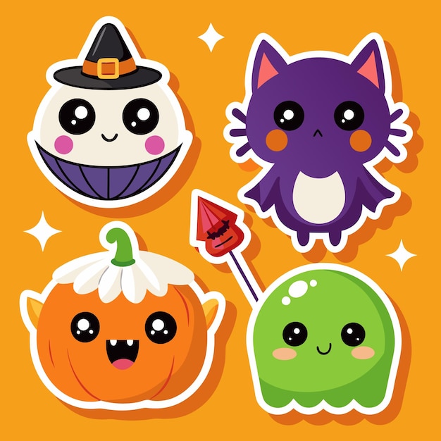 Vector cute halloween stickers with pumpkin bat ghost and witch