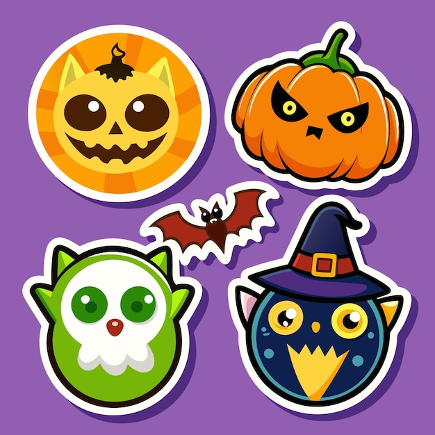 Vector cute halloween stickers with pumpkin cat bat and skull characters