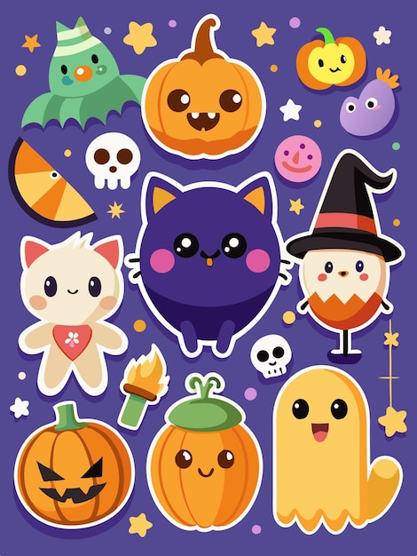 Cute Halloween stickers with pumpkins ghost cat bat witch and candy corn