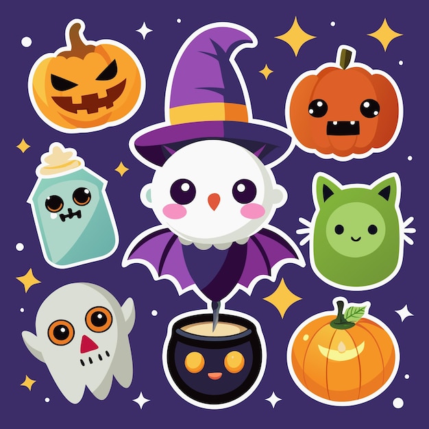 Cute Halloween Stickers with Pumpkins Ghosts a Bat a Cat and a Cauldron