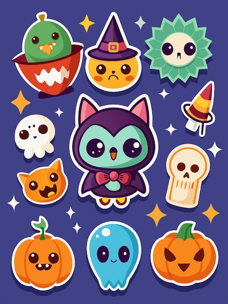 Cute Halloween stickers with pumpkins ghosts and bats