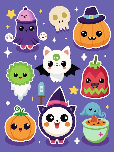 Cute Halloween stickers with pumpkins ghosts and bats