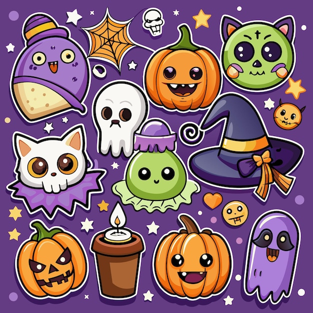 Cute Halloween Stickers with Pumpkins Ghosts and a Witch Hat