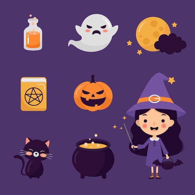 Cute halloween witch and  element collection with flat design