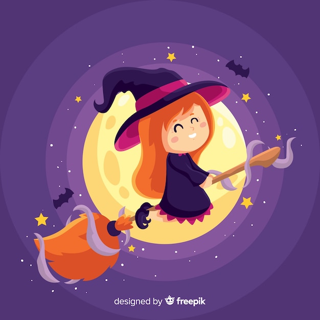 Cute halloween witch with full moon