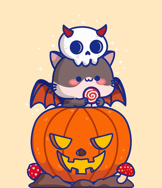 Cute Hallowen Carved Pumpkin With Cat Vector Illustration