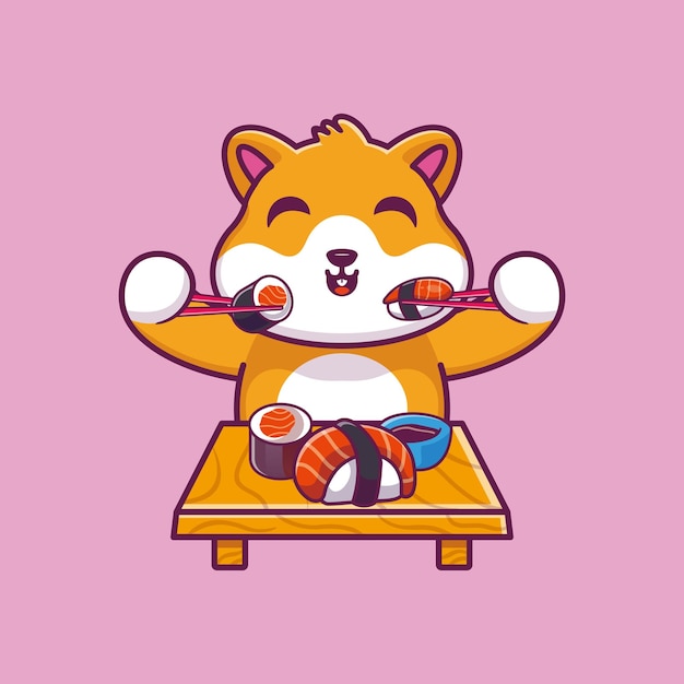 Cute hamster eating sushi with chopsticks cartoon icon illustration