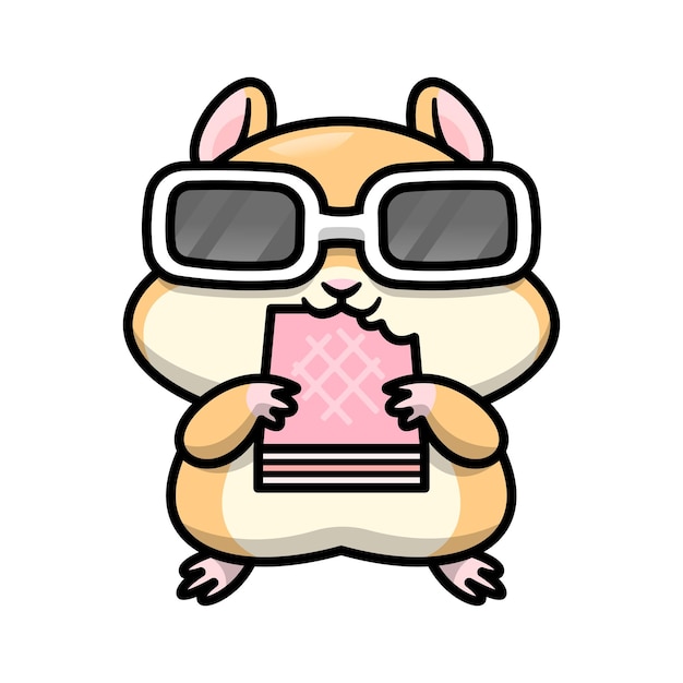 A CUTE HAMSTER IS EATING A SNACK AND WEARING SUNGLASSES