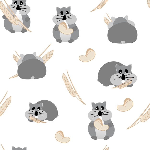 Cute Hamster with Sunflower Seeds Vector Repeat Seamless Pattern with Hamsters Sunflower Seeds and Yellow Polka Dots Perfect For Animal Themed Fabric Design Fashion and Textile Design