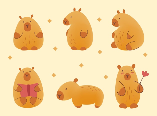 Vector cute hand draw capybara set on beige background childish kids print vector illustration cartoon