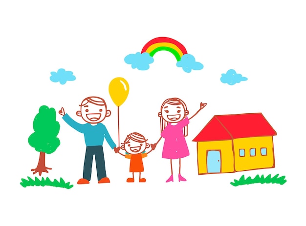 Cute hand drawing by kid about happy family