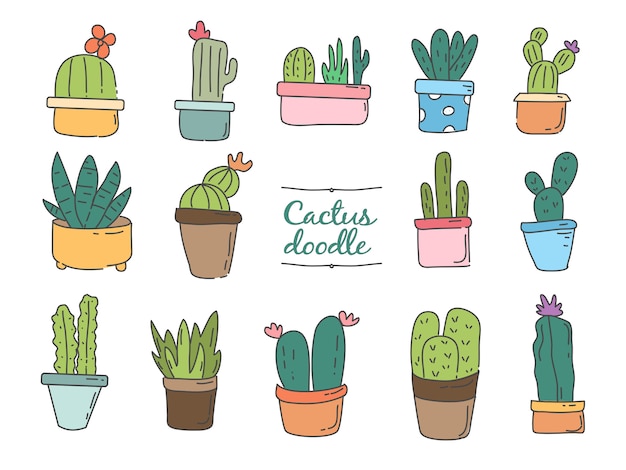 Cute hand drawing cactus collection sticker set doodle