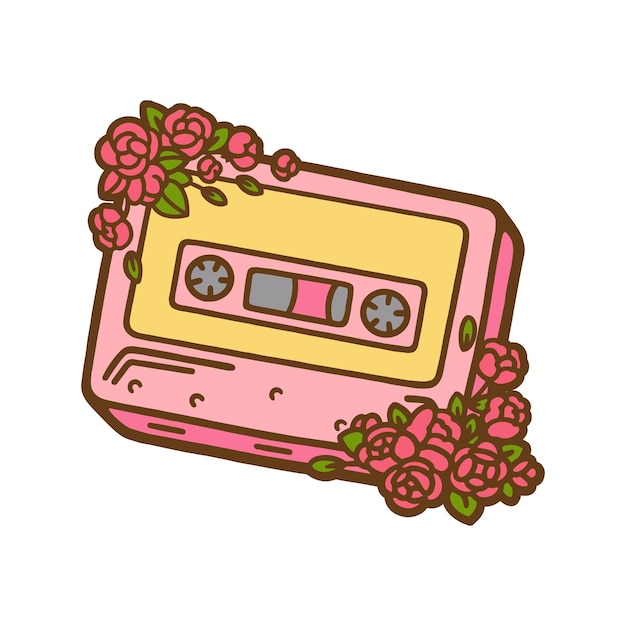 Cute hand drawn audio cassette with flowers Audio cassette flat icon