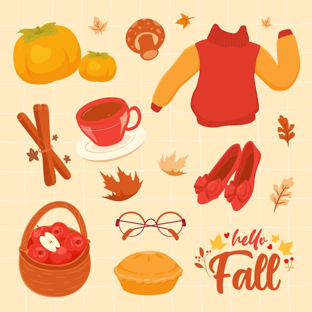 Cute Hand drawn Autumn hygge doodle cozy things with maple leaf pumpkin sweater apple pie coffee and hello fall lettering