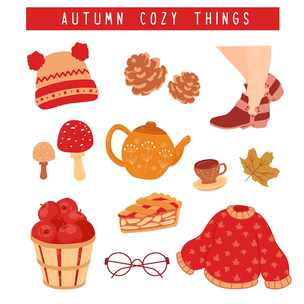 Cute Hand drawn Autumn hygge doodle cozy things with pinecorn maple leaf sweater hat apple pieapple in basket tea pot mushroom