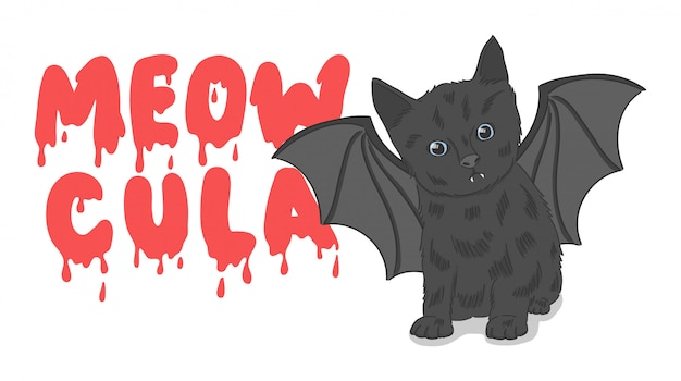 cute hand-drawn black bat cat illustration