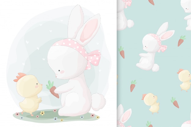 Cute hand drawn bunny and little chick with seamless pattern set 