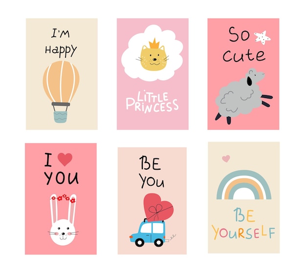 Vector cute hand drawn cards with funny animals, car, balloon and lettering