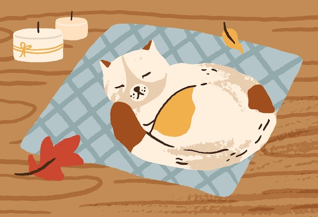 Cute hand drawn cat sleeping on carpet surrounded by autumn leaves and candles vector flat illustration. Domestic animal relax lying on wooden floor. Cozy fall atmosphere.